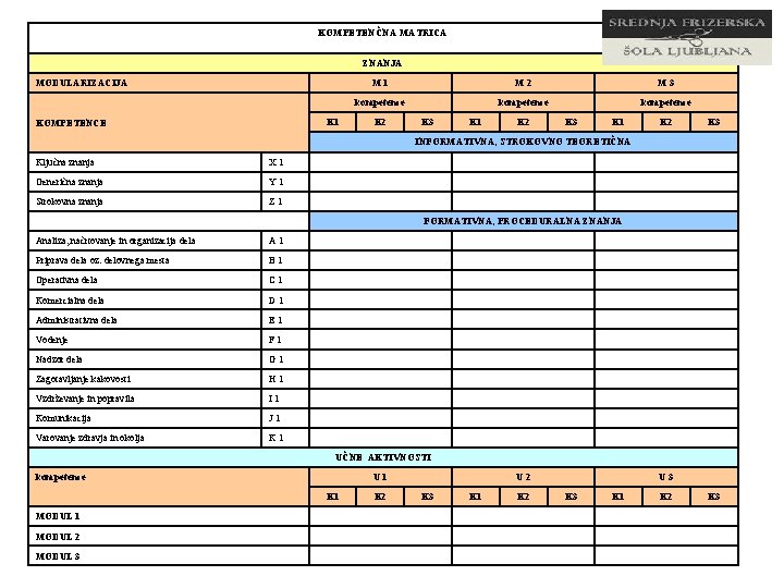 KOMPETENČNA MATRICA ZNANJA MODULARIZACIJA K 1 KOMPETENCE M 1 M 2 M 3 kompetence