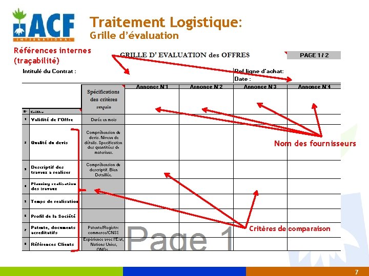 Traitement Logistique: Grille d’évaluation Références internes (traçabilité) Nom des fournisseurs Critères de comparaison 7