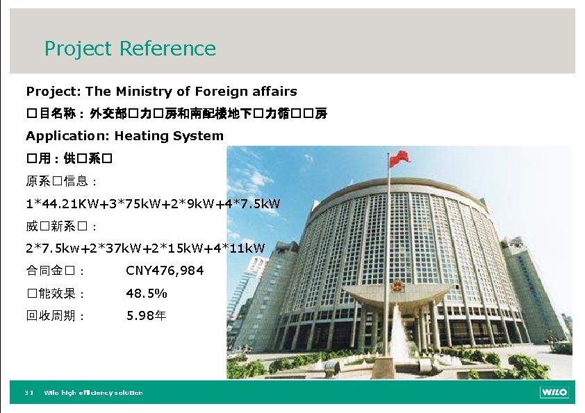 Project Reference Project: The Ministry of Foreign affairs �目名称： 外交部�力�房和南配楼地下�力循��房 Application: Heating System �用：供�系�