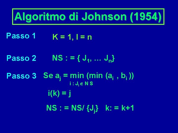 Algoritmo di Johnson (1954) Passo 1 K = 1, l = n Passo 2