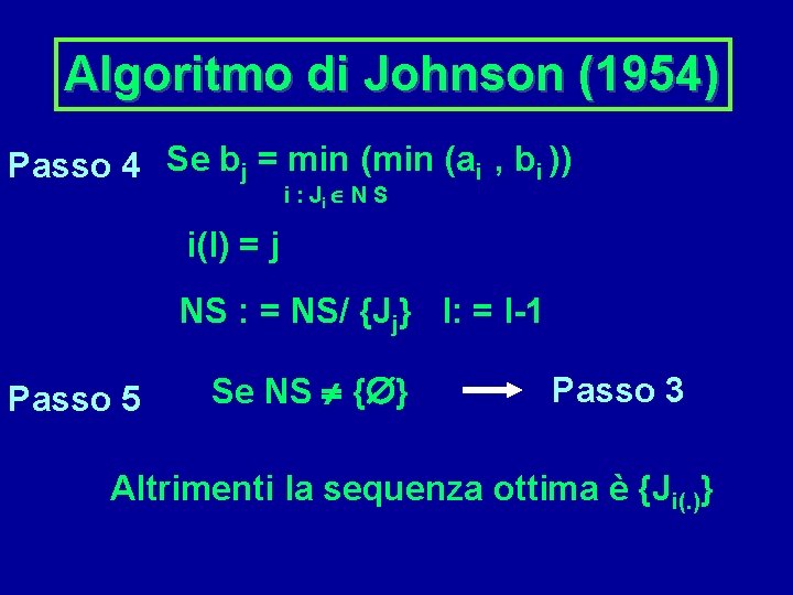 Algoritmo di Johnson (1954) Passo 4 Se bj = min (ai , bi ))
