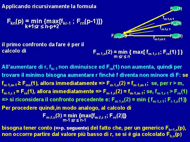 Applicando ricursivamente la formula Fn, n(1) fm-1, n-1 Frn(1) Fkn(p) = min {max[fkr-1 ;