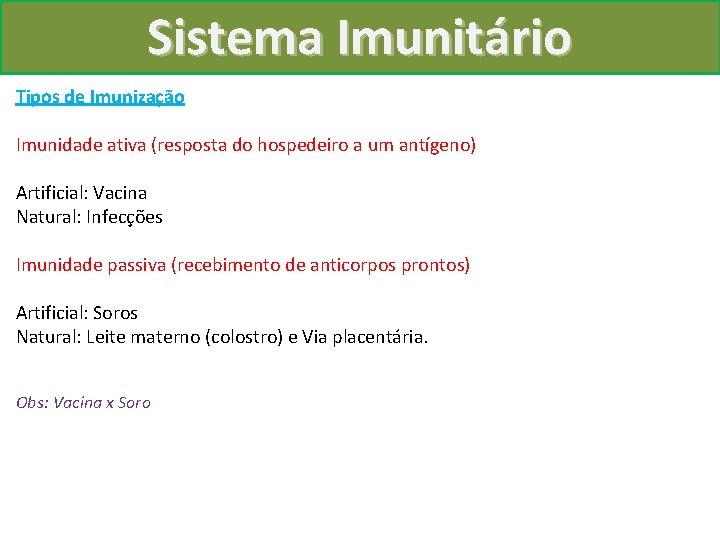 Sistema Imunitário Tipos de Imunização Imunidade ativa (resposta do hospedeiro a um antígeno) Artificial: