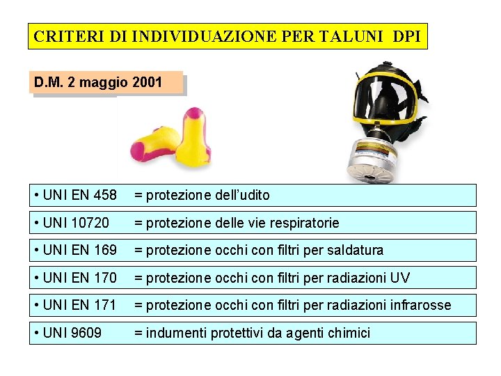 CRITERI DI INDIVIDUAZIONE PER TALUNI DPI D. M. 2 maggio 2001 • UNI EN