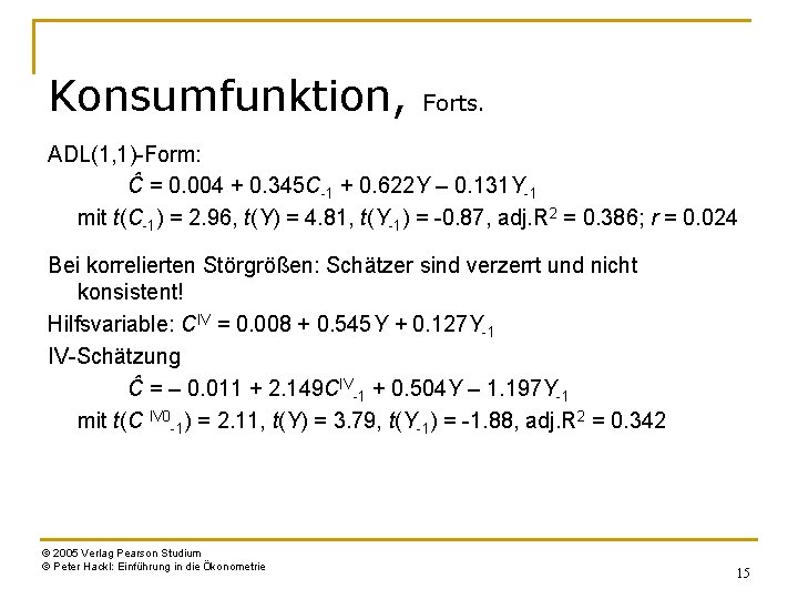 Konsumfunktion, Forts. ADL(1, 1)-Form: Ĉ = 0. 004 + 0. 345 C-1 + 0.