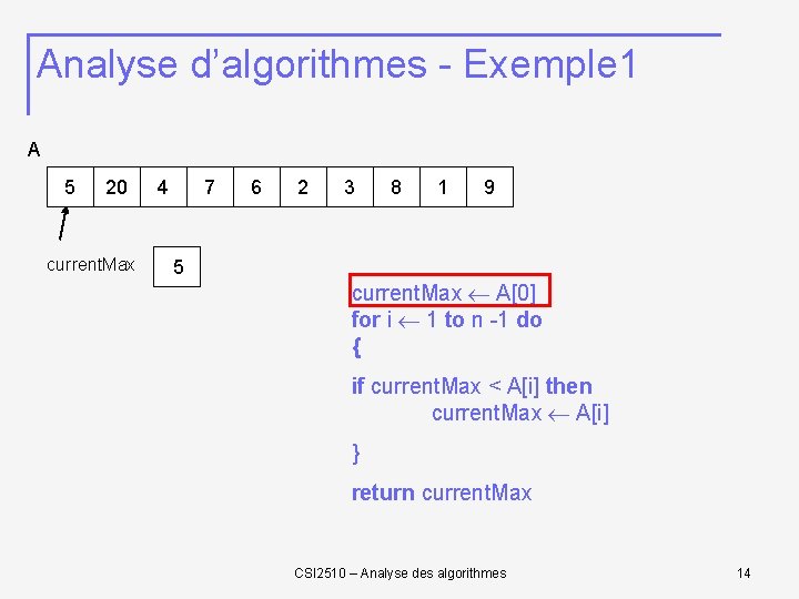 Analyse d’algorithmes - Exemple 1 A 5 20 current. Max 4 7 5 6