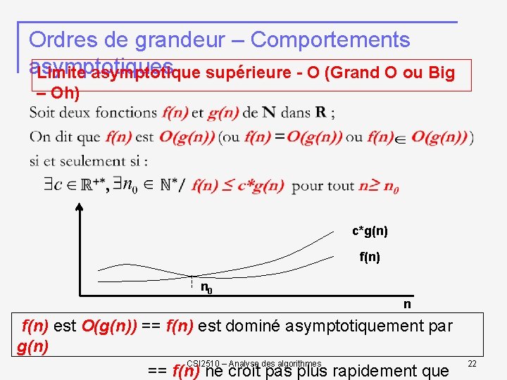 Ordres de grandeur – Comportements asymptotiques Limite asymptotique supérieure - O (Grand O ou