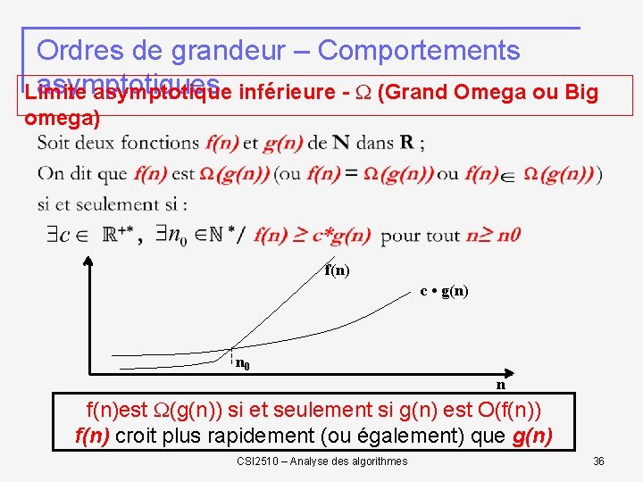 Ordres de grandeur – Comportements asymptotiques Limite asymptotique inférieure - (Grand Omega ou Big