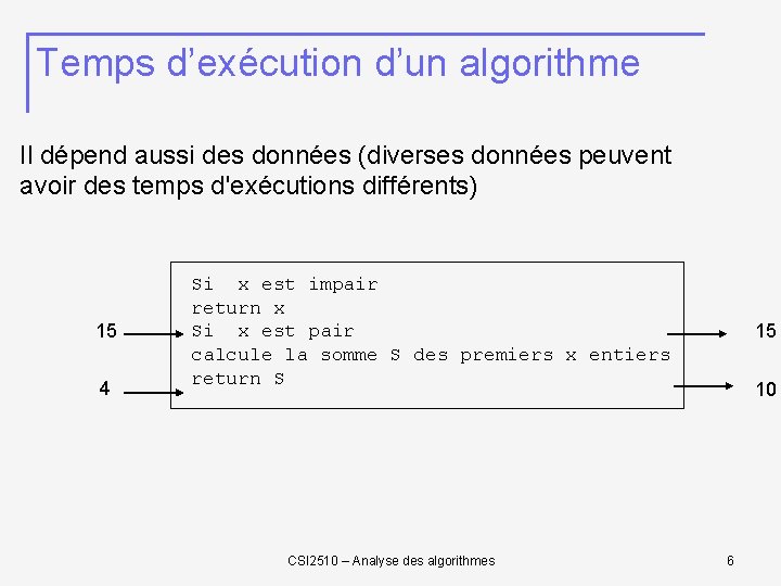 Temps d’exécution d’un algorithme Il dépend aussi des données (diverses données peuvent avoir des