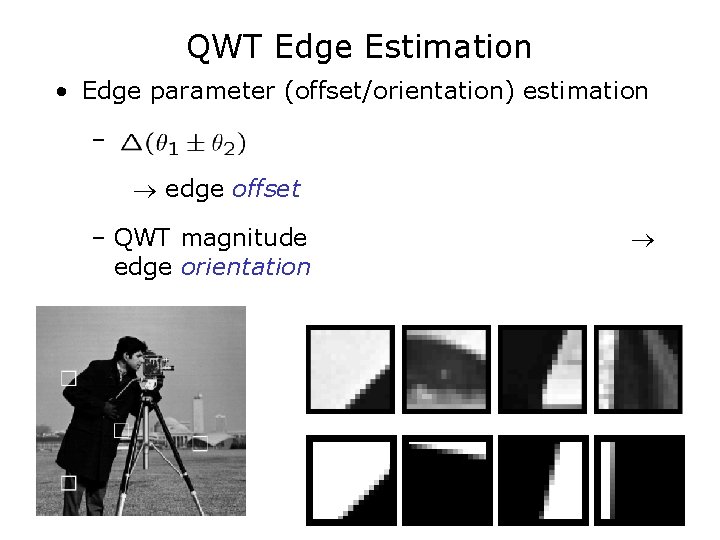 QWT Edge Estimation • Edge parameter (offset/orientation) estimation – edge offset – QWT magnitude