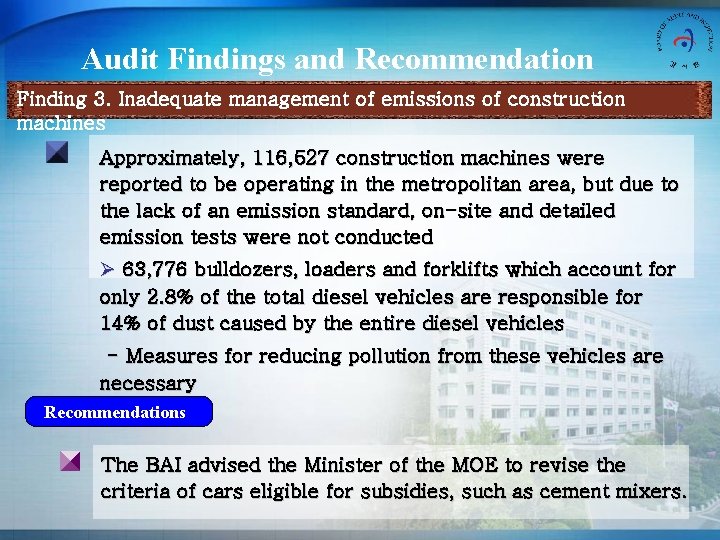 Audit Findings and Recommendation Finding 3. Inadequate management of emissions of construction machines Approximately,