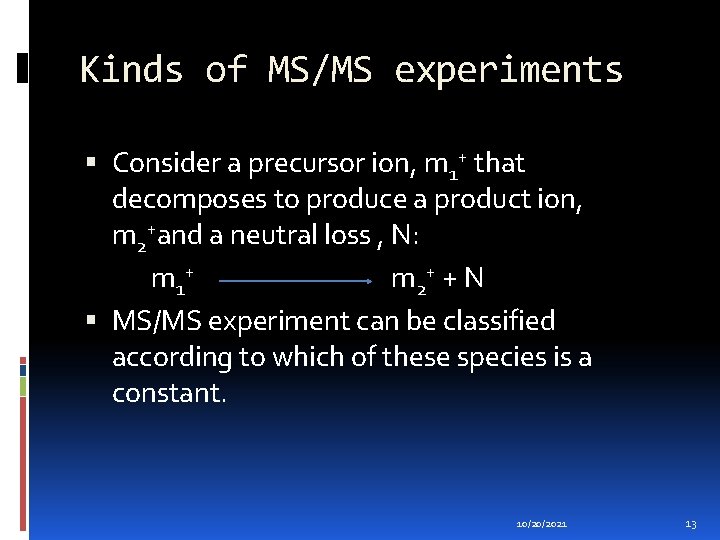 Kinds of MS/MS experiments Consider a precursor ion, m 1+ that decomposes to produce