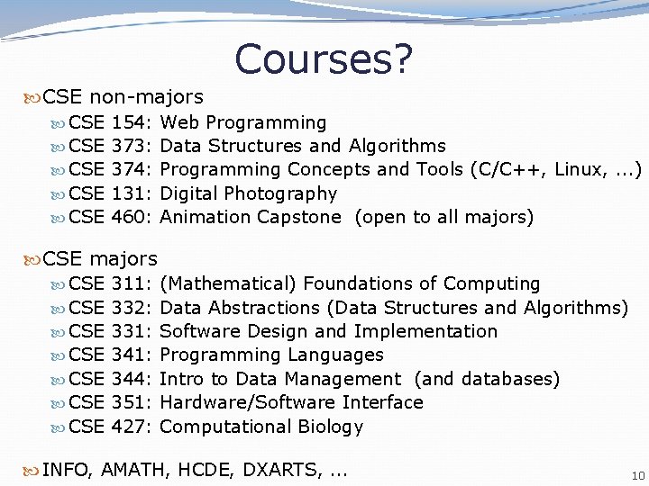 Courses? CSE non-majors CSE 154: Web Programming CSE 373: Data Structures and Algorithms CSE