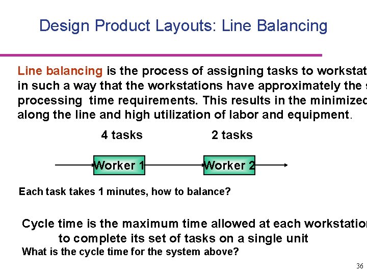 Design Product Layouts: Line Balancing Line balancing is the process of assigning tasks to