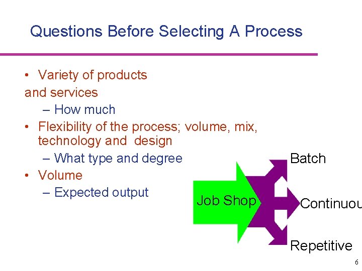 Questions Before Selecting A Process • Variety of products and services – How much