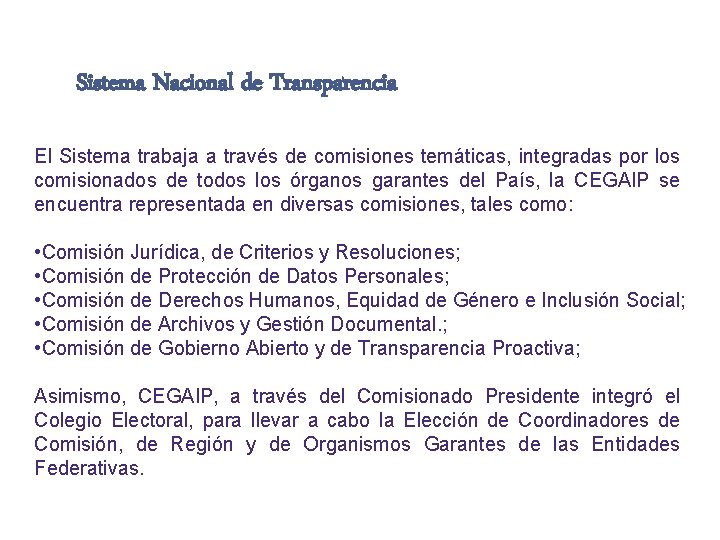 Sistema Nacional de Transparencia El Sistema trabaja a través de comisiones temáticas, integradas por