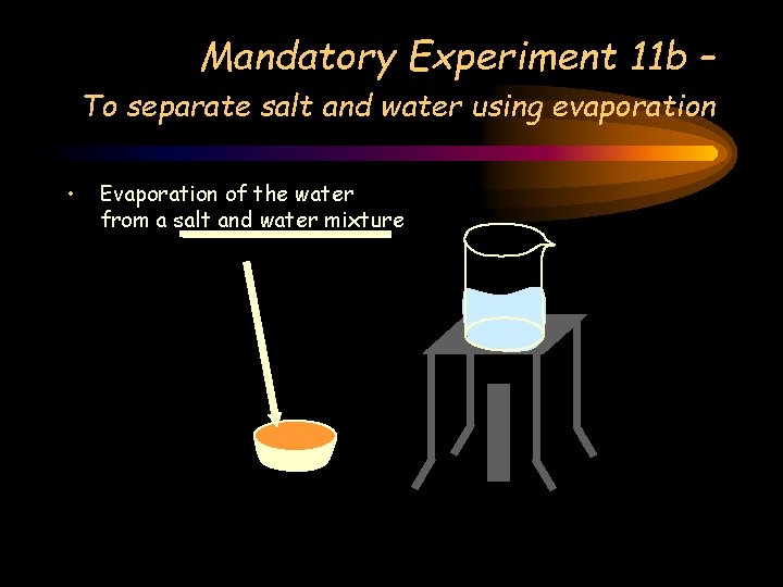 Mandatory Experiment 11 b – To separate salt and water using evaporation • Evaporation Mandatory Experiment 11 b – To separate salt and water using evaporation • Evaporation