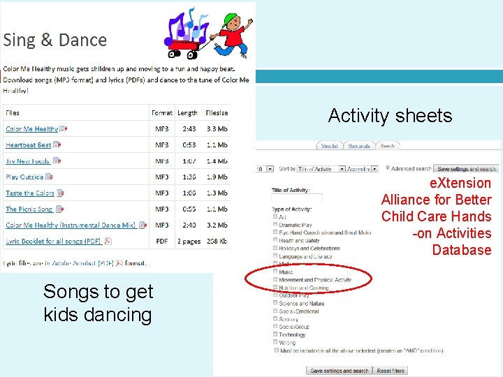 Activity sheets e. Xtension Alliance for Better Child Care Hands -on Activities Database Songs