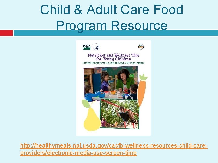 Child & Adult Care Food Program Resource http: //healthymeals. nal. usda. gov/cacfp-wellness-resources-child-careproviders/electronic-media-use-screen-time 