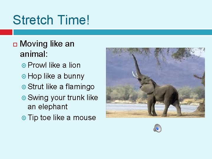 Stretch Time! Moving like an animal: Prowl like a lion Hop like a bunny