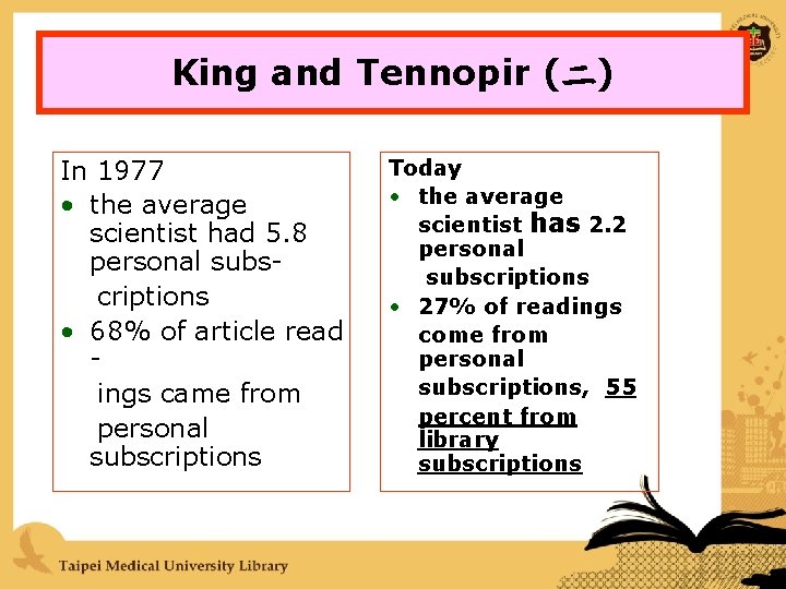 King and Tennopir (二) In 1977 • the average scientist had 5. 8 personal