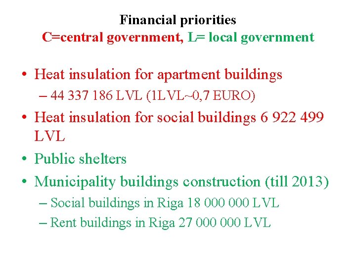 Financial priorities C=central government, L= local government • Heat insulation for apartment buildings –