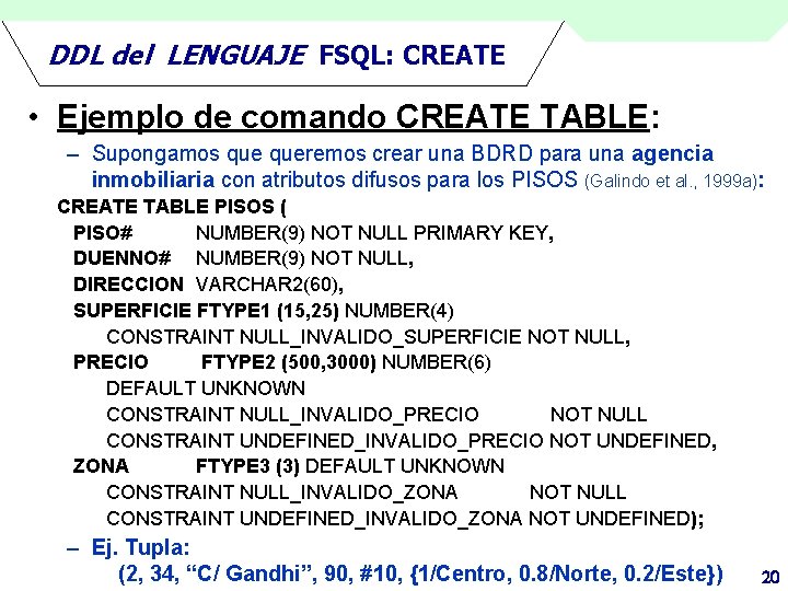 DDL del LENGUAJE FSQL: CREATE • Ejemplo de comando CREATE TABLE: – Supongamos queremos