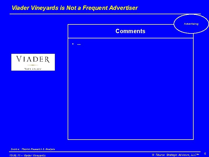 Viader Vineyards is Not a Frequent Advertiser Advertising Comments • -- Source: Tiburon Research