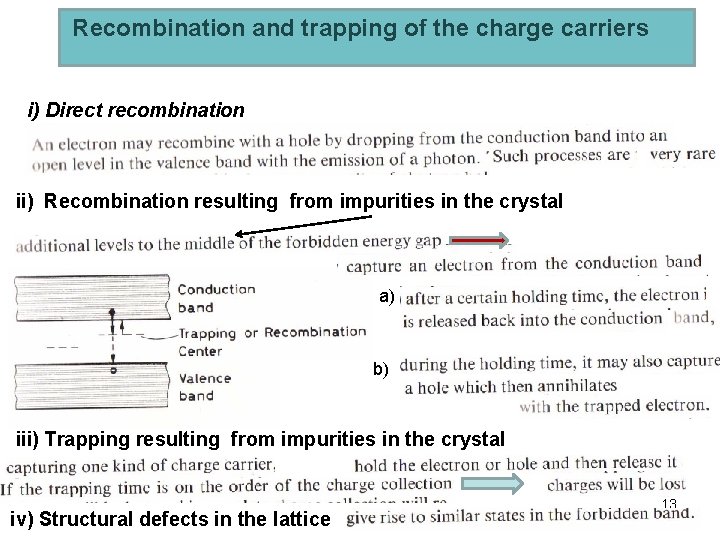 Recombination and trapping of the charge carriers i) Direct recombination ii) Recombination resulting from