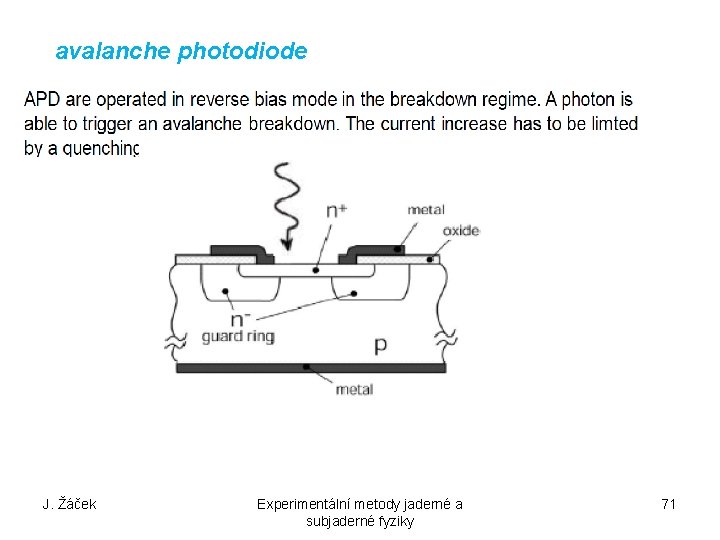 avalanche photodiode J. Žáček Experimentální metody jaderné a subjaderné fyziky 71 
