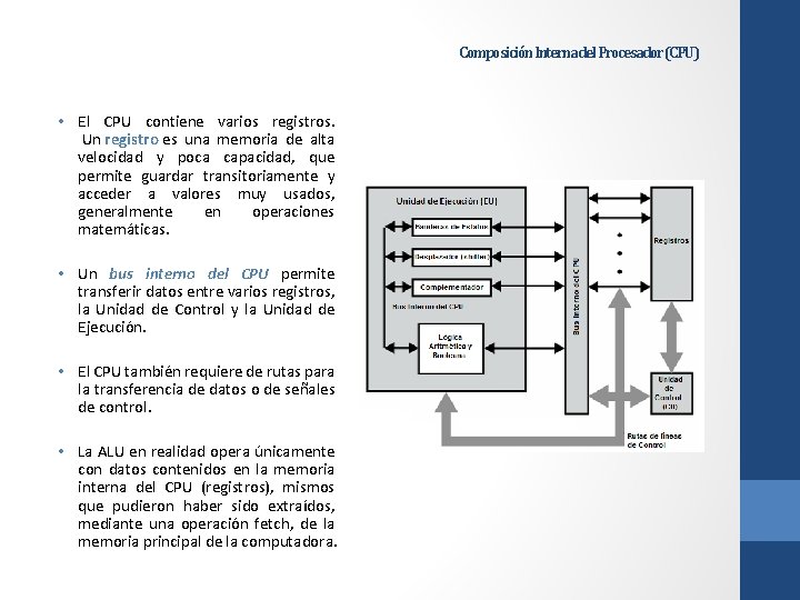 Composición Interna del Procesador (CPU) • El CPU contiene varios registros. Un registro es Composición Interna del Procesador (CPU) • El CPU contiene varios registros. Un registro es