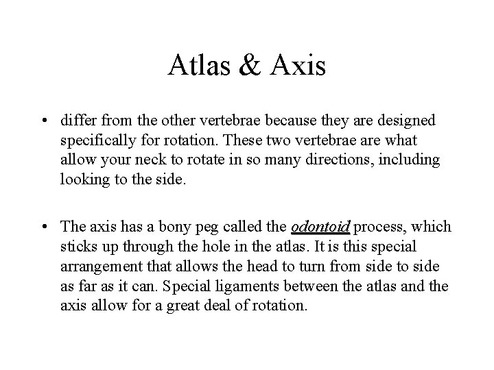 Atlas & Axis • differ from the other vertebrae because they are designed specifically