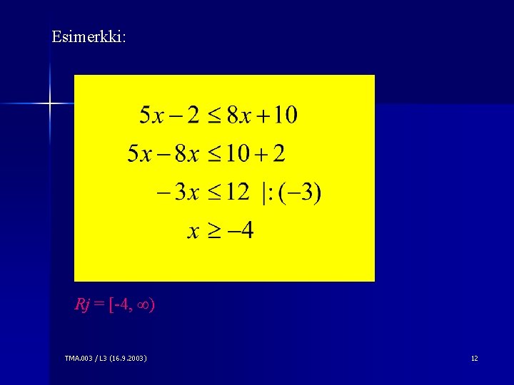 Esimerkki: Rj = [-4, ) TMA. 003 / L 3 (16. 9. 2003) 12