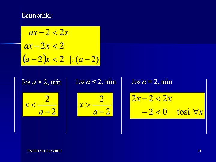 Esimerkki: Jos a > 2, niin TMA. 003 / L 3 (16. 9. 2003)