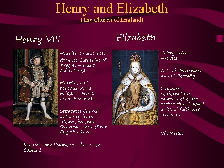 Henry and Elizabeth (The Church of England) Henry VIII Married to and later divorces