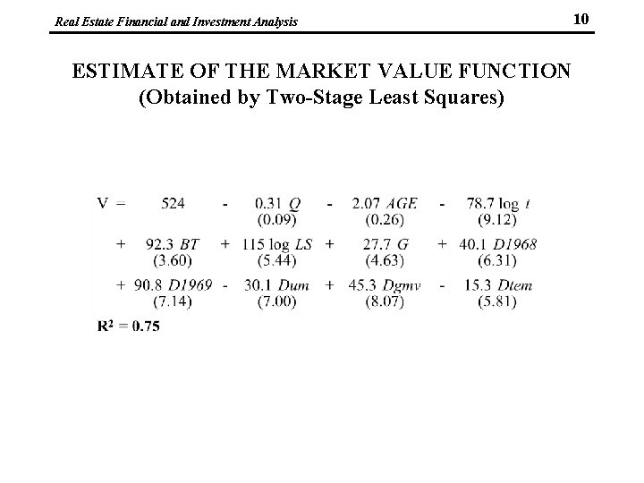 Real Estate Financial and Investment Analysis ESTIMATE OF THE MARKET VALUE FUNCTION (Obtained by