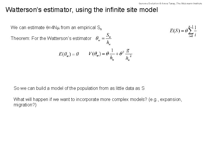 Genome Evolution © Amos Tanay, The Weizmann Institute Watterson’s estimator, using the infinite site