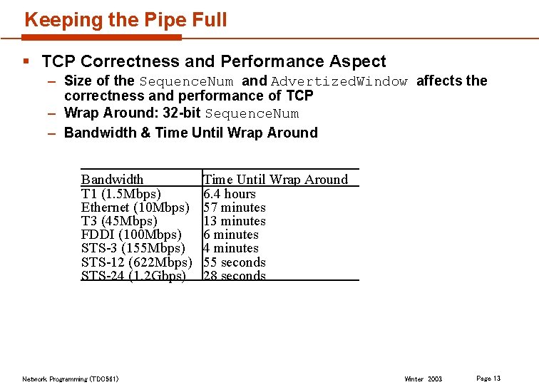 Keeping the Pipe Full § TCP Correctness and Performance Aspect – Size of the