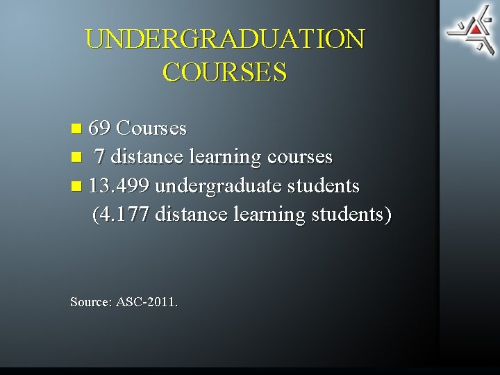 UNDERGRADUATION COURSES 69 Courses n 7 distance learning courses n 13. 499 undergraduate students