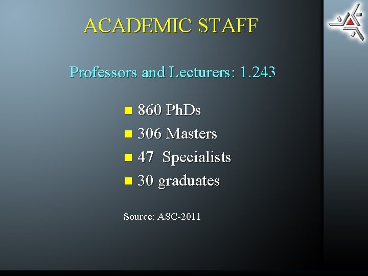 ACADEMIC STAFF Professors and Lecturers: 1. 243 860 Ph. Ds n 306 Masters n