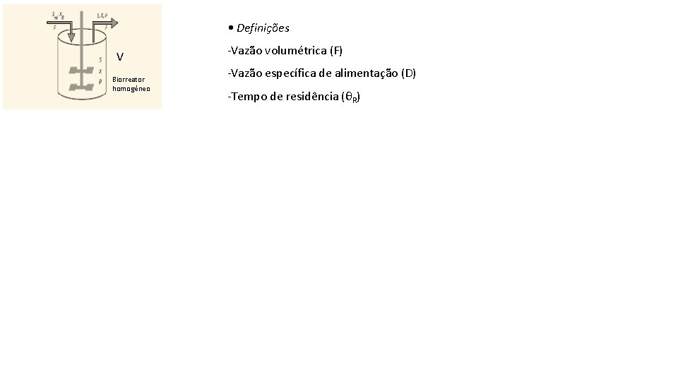  • Definições V Biorreator homogêneo -Vazão volumétrica (F) -Vazão específica de alimentação (D)