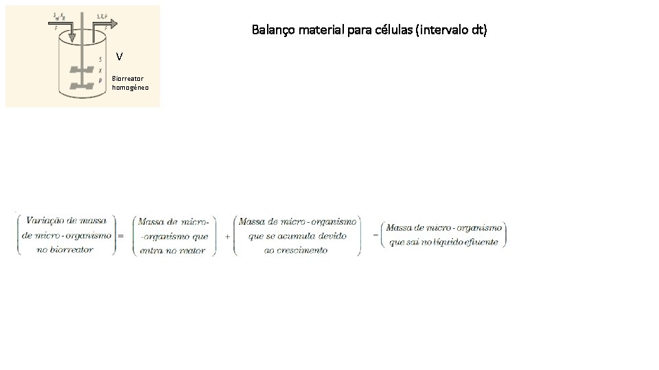 Balanço material para células (intervalo dt) V Biorreator homogêneo 