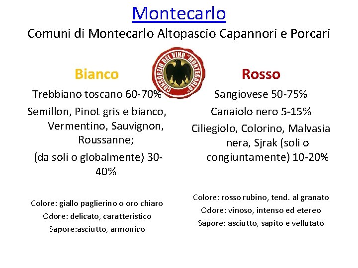Montecarlo Comuni di Montecarlo Altopascio Capannori e Porcari Bianco Rosso Trebbiano toscano 60 -70%
