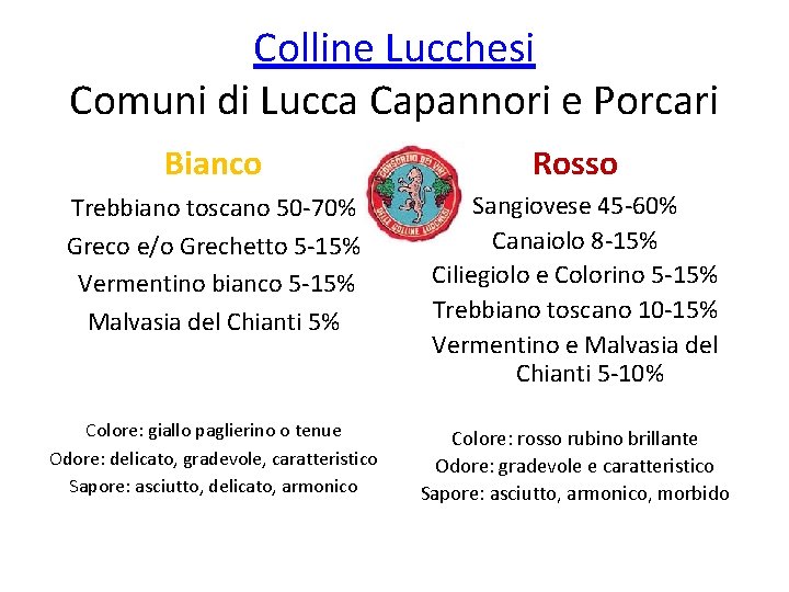 Colline Lucchesi Comuni di Lucca Capannori e Porcari Bianco Rosso Trebbiano toscano 50 -70%