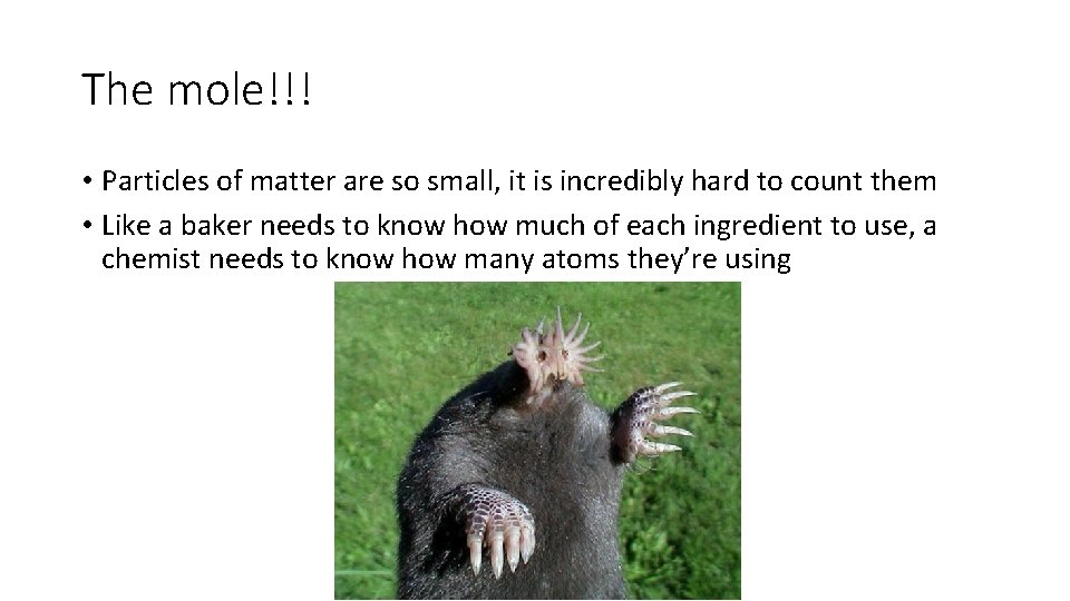 The mole!!! • Particles of matter are so small, it is incredibly hard to