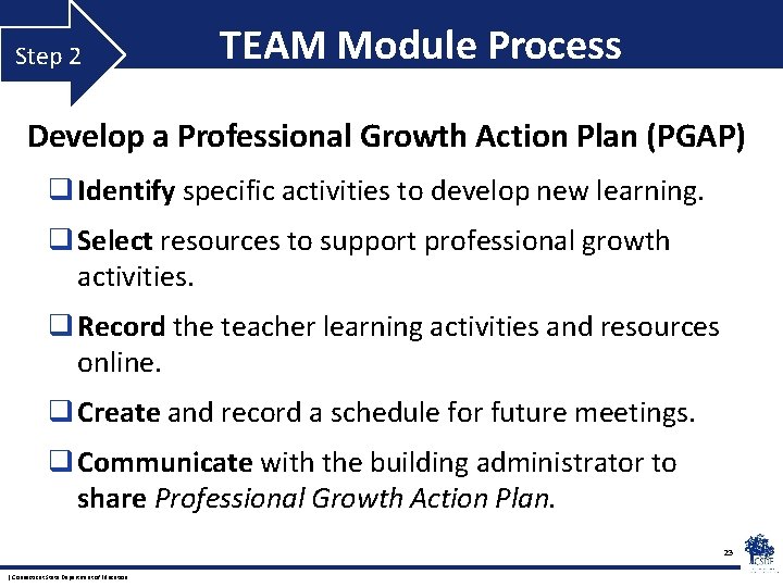 Step 2 TEAM Module Process Develop a Professional Growth Action Plan (PGAP) q Identify