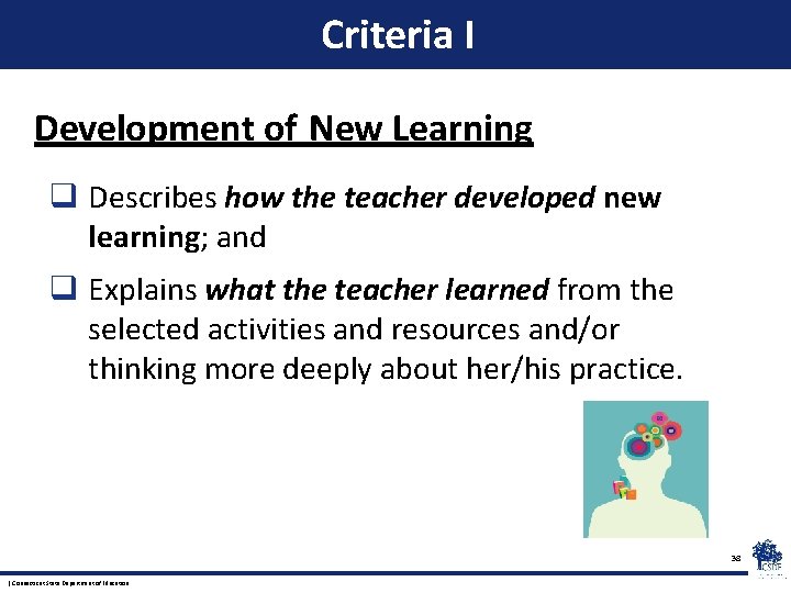 Criteria I Development of New Learning q Describes how the teacher developed new learning;