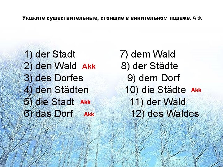 Укажите существительные, стоящие в винительном падеже. Akk 1) der Stadt 2) den Wald Akk