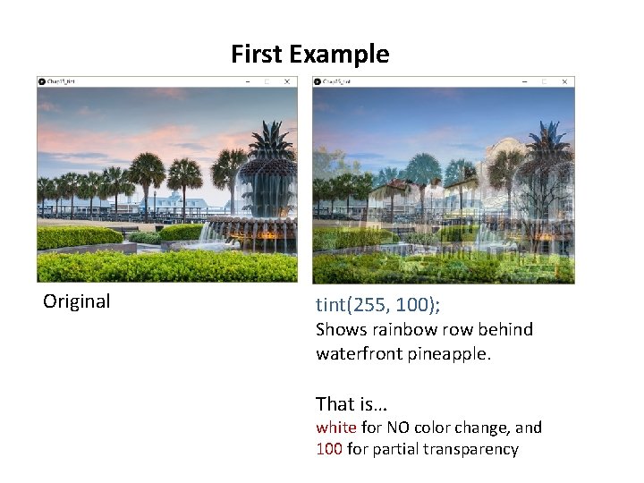 First Example Original tint(255, 100); Shows rainbow row behind waterfront pineapple. That is… white