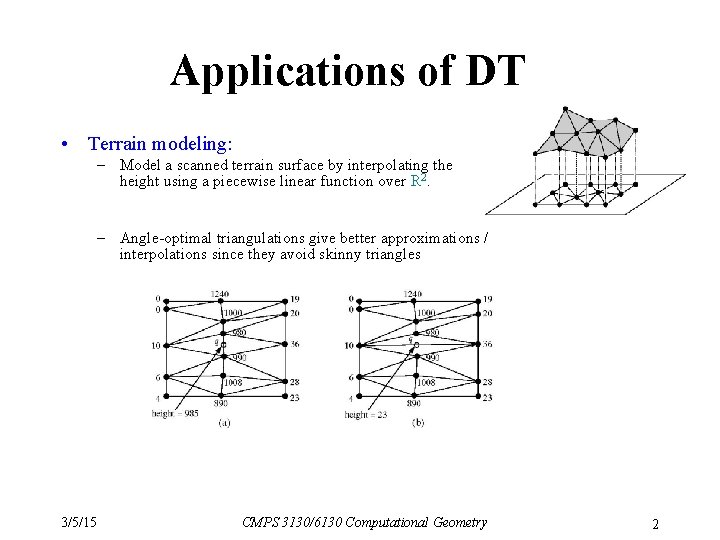 Applications of DT • Terrain modeling: – Model a scanned terrain surface by interpolating